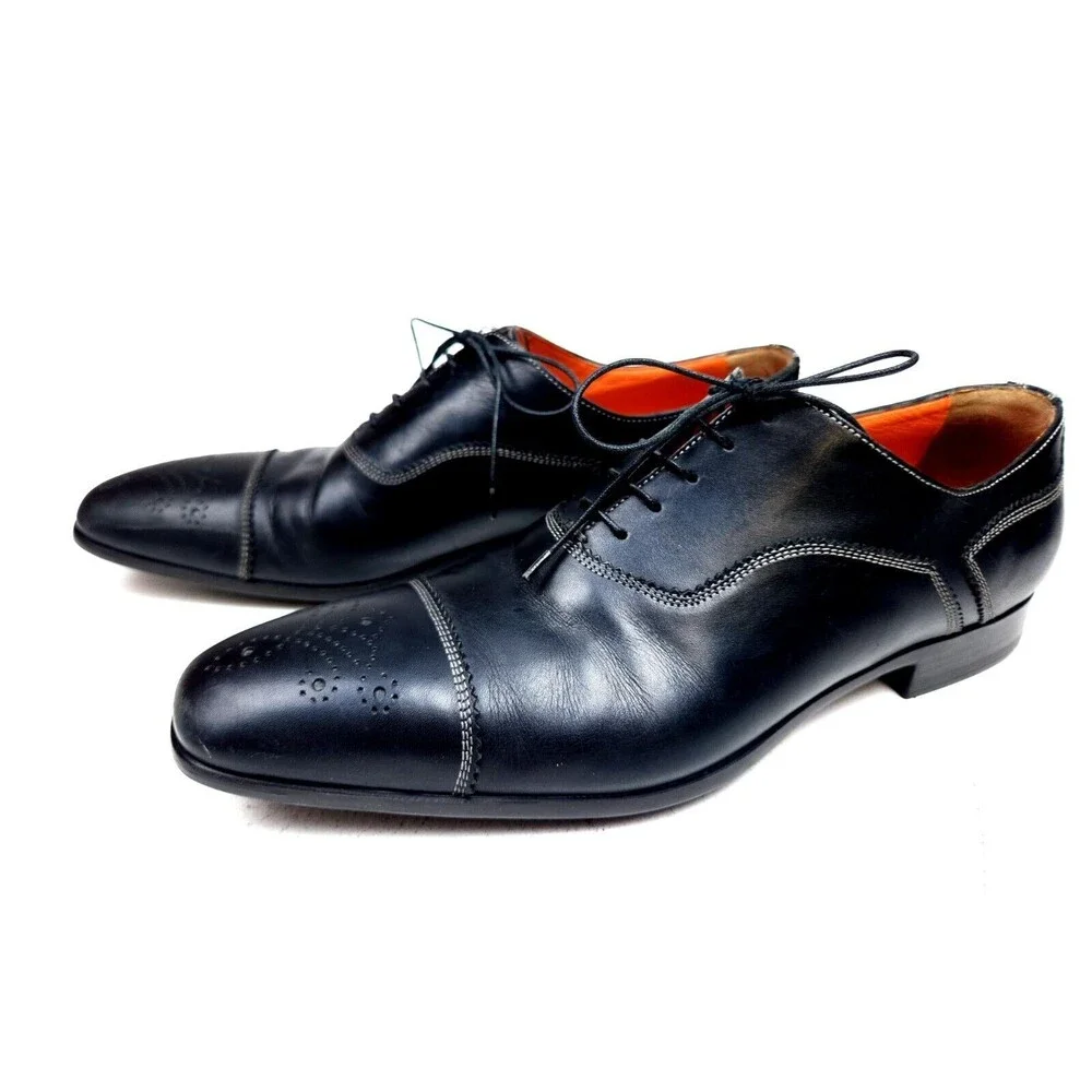 SANTONI Black Salem Cap Toe Derby SHOES 11 D Made in Italy
